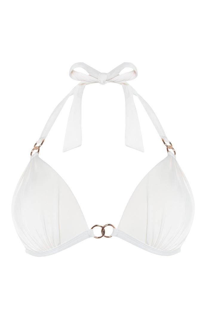 Top de bikini Primark escotado blanco con anillas